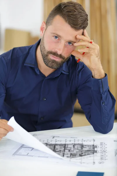 Architect Man Working Blueprints — Stock Photo, Image