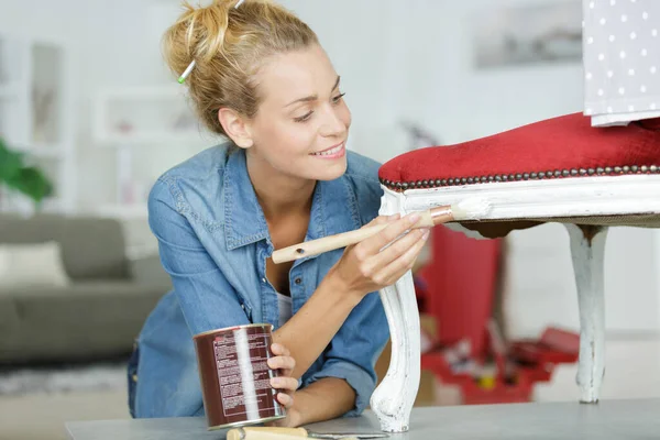 Woman Painting Renewing Chair Home — Stock Photo, Image