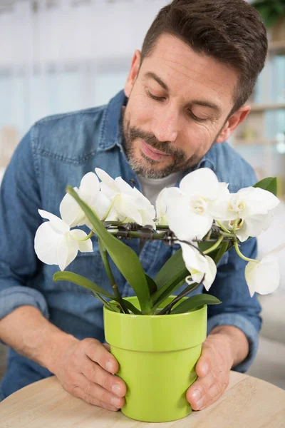 Homem Está Cuidando Das Flores — Fotografia de Stock