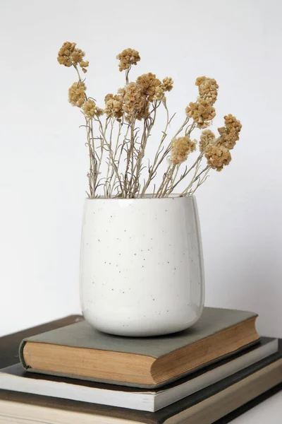 乾燥したセラミックマグカップテーブルの上の本に永遠の花 シンプルな家の装飾 — ストック写真