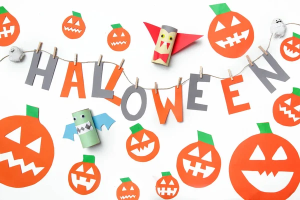 Halloween Text Dýně Papírové Střih Izolované Bílém Vzoru Pozadí Dětské — Stock fotografie