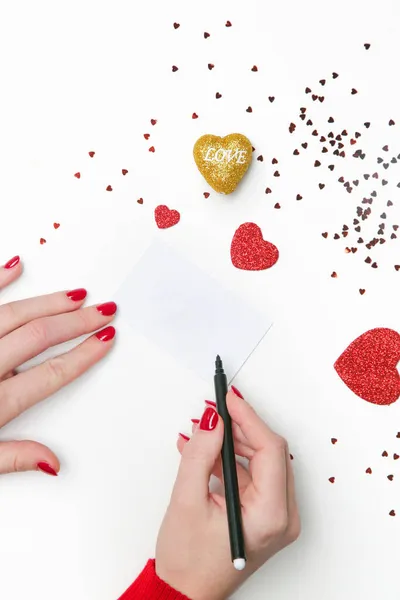Carte Vœux Avec Mains Stylo Blank White Card Paillettes Coeurs — Photo