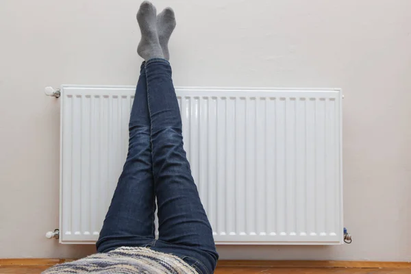 Legs Socks Warming Radiator Heater Winter Time Cold Weather Lifestyle — Stock Photo, Image