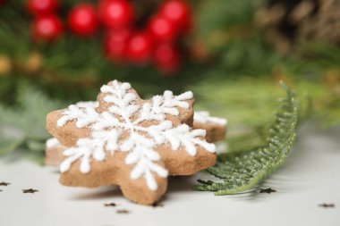 Noel süsü. Noel ağacı dalları ve ev yapımı Noel kurabiyeleri, resmi kapat.