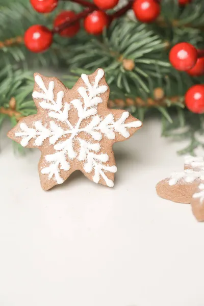 Christmas Decoration Christmas Tree Branches Homemade Decorated Christmas Cookies Close — Stock Photo, Image