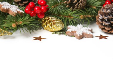 Noel süsü. Noel ağacı dalları ve ev yapımı Noel kurabiyeleri, resmi kapat.