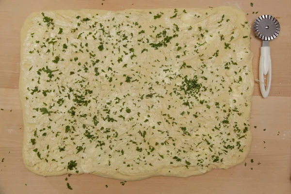 Preparazione Pane All Aglio Fatto Casa Serie Foto Burro Prezzemolo — Foto Stock