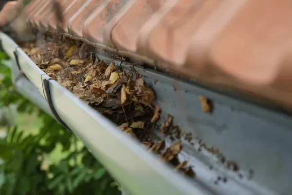 Dachrinne Voller Alter Herbstblätter Und Dreck — Stockfoto