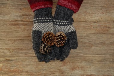 Yün eldivenli eller eski ahşap masanın üzerinde çam kozalakları tutar. Noel, kış tatili, yeni yıl konsepti.