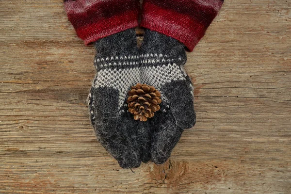 Yün eldivenli eller eski ahşap masanın üzerinde çam kozalakları tutar. Noel, kış tatili, yeni yıl konsepti.