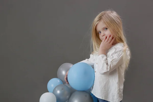 Studio Portrait Happy Little Girl Holding Group White Blue Balloons — Stock Photo, Image