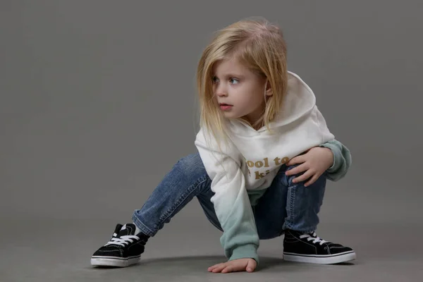 スタジオポートレートの幼児の女の子でジーンズとパーカー — ストック写真