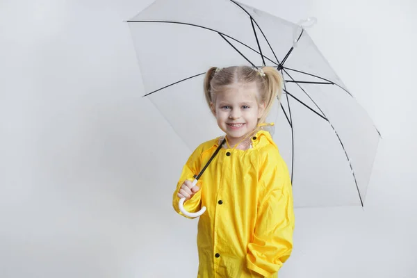 Studio Portrait Cute Little Girl Yellow Raincoat Holding Umbrella —  Fotos de Stock
