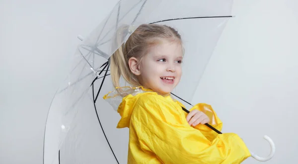 Studio Portrait Cute Little Girl Yellow Raincoat Holding Umbrella — Stock Photo, Image