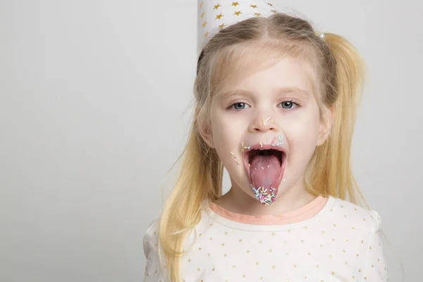 Cute Little Birthday Girl Colorful Sugar Sprinkles Lips Mouth Children — Fotografia de Stock