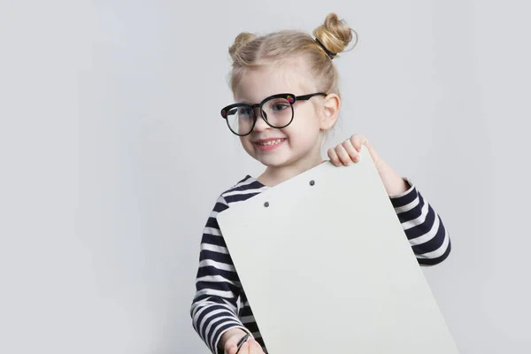 Portrait Adorable Little Girl Reading Glasses Pen Paper Business Education — ストック写真