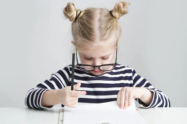 Portrait Adorable Little Girl Reading Glasses Pen Paper Business Education — Foto de Stock