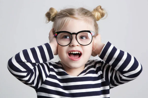 Cute Little Nerd Child Covering Ears Hands Screaming Studio Shot —  Fotos de Stock