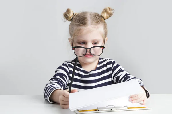 Portrait Adorable Little Girl Reading Glasses Pen Paper Business Education — Stockfoto