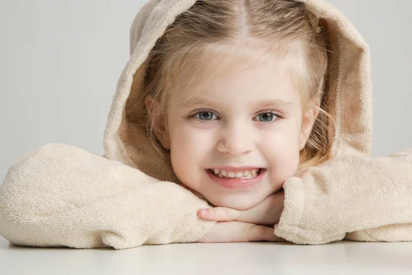 Portrait Happy Little Girl Wearing Hoodie Looking Camera — Fotografia de Stock