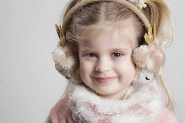 Portrait Adorable Little Girl Wearing Earmuffs Cozy Scarf Winter Fashion — стоковое фото