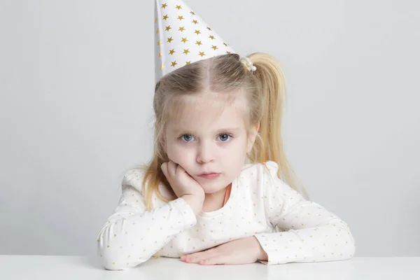 Portrait Sad Displeased Little Girl Birthday Hat — Photo