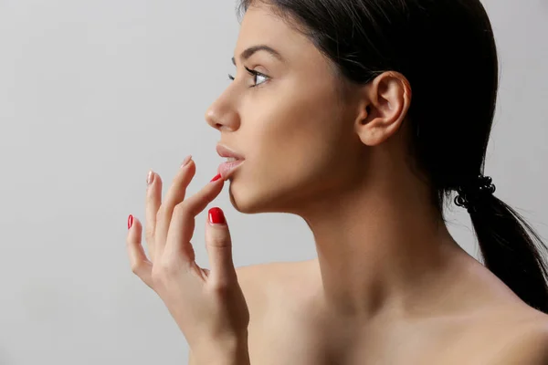 Beauty Portrait Gorgeous Young Woman Touching Lips Close Studio Shot — Photo