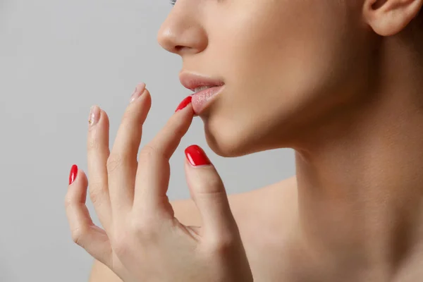 Beauty Portrait Gorgeous Young Woman Touching Lips Close Studio Shot — Foto Stock