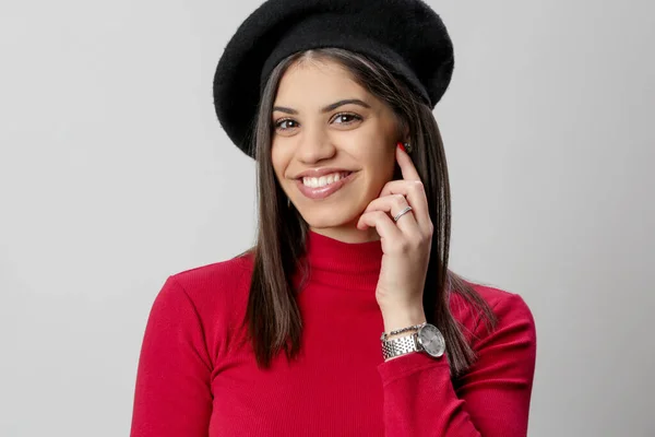 Portrait Attractive Young Woman Red Dress Black Beret — Stockfoto