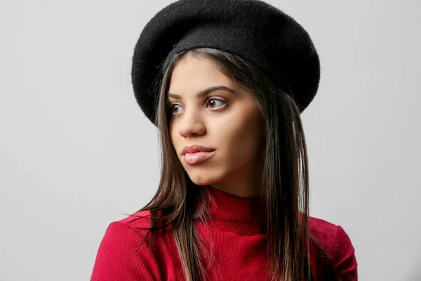 Portrait Attractive Young Woman Red Dress Black Beret Royalty Free Stock Photos