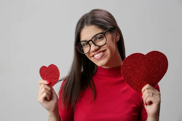 Attractive Young Woman Holding Red Heart Valentine Day Concept — Stok fotoğraf