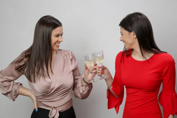 Two Happy Women Clinking Crystal Wine Glasses — Photo