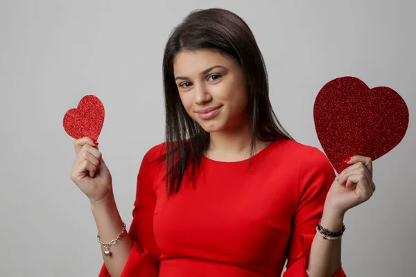 Attractive Young Woman Holding Red Heart Valentine Day Concept — стоковое фото