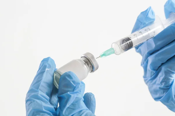 Scientist Medical Worker Holds Vaccine Bottle Vaccination Immunization Treatment Provides — Zdjęcie stockowe
