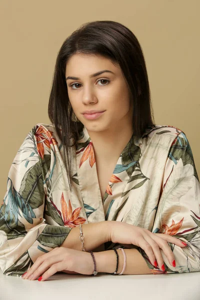 Beauty Portrait Gorgeous Young Woman Silk Robe — Stock Photo, Image