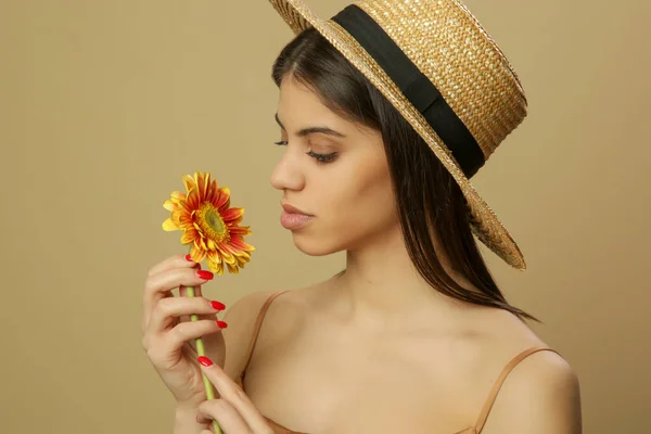 Studio Shot Beautiful Young Woman Straw Hat Holds Transvaal Daisy — Stock Photo, Image