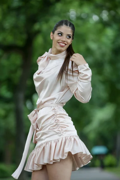 Outdoor Portrait Gorgeous Young Woman Long Ponytail Elegant Satin Dress — Stock Photo, Image