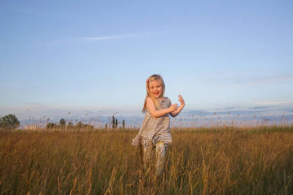 在草地上给快乐的幼儿女孩画像 — 图库照片