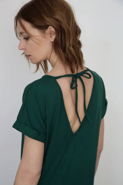 Mulher Pinho Casual Verde Esticar Vestido Algodão Midi Dress Camisa — Fotografia de Stock