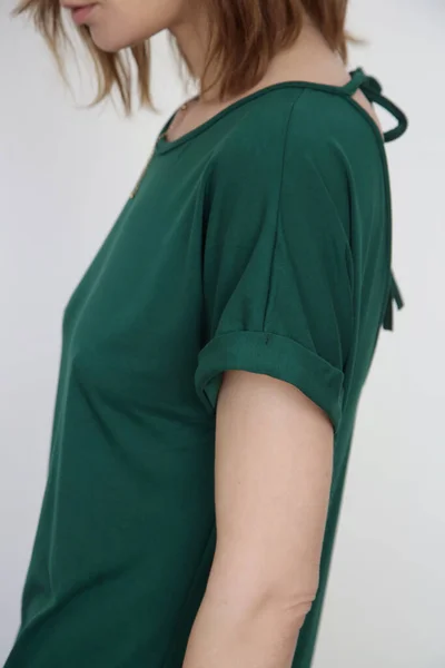 Mulher Pinho Casual Verde Esticar Vestido Algodão Midi Dress Camisa — Fotografia de Stock