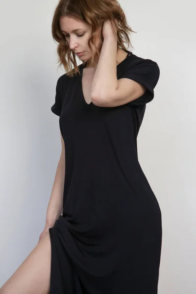 Mujer Algodón Rayado Negro Casual Midi Dress Vestido Camisa Hecha — Foto de Stock