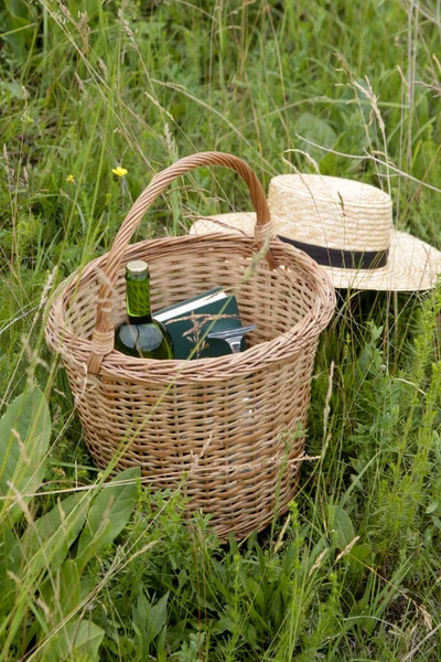 Picknick Rieten Mand Met Boek Wijn Strohoed Groene Weide — Stockfoto