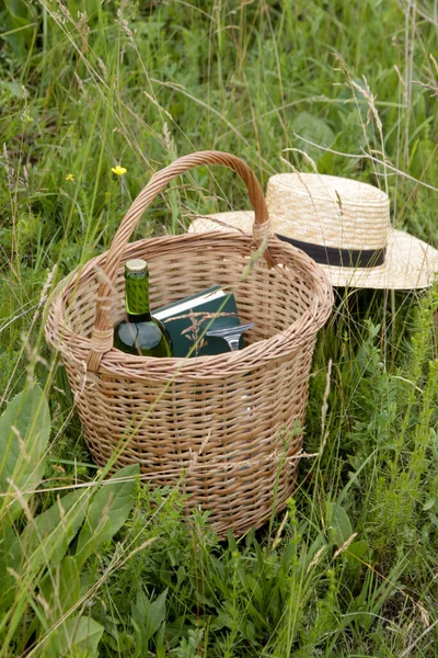 Cesta Mimbre Picnic Con Libro Vino Sombrero Paja Prado Verde — Foto de Stock