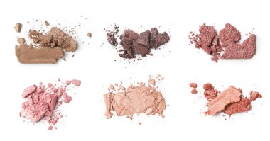 Ezilmiş tarafsız göz farları, beyaz arkaplanda izole edilmiş palet makyajı