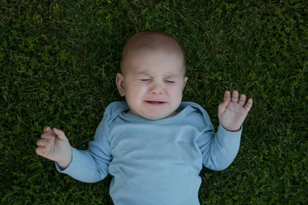 Little Baby Boy Laying Grass Crying Top View — Stock Photo, Image