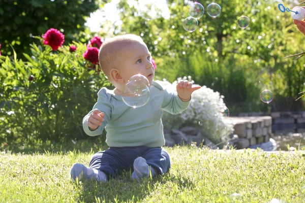 Cute Little Baby Boy Playing Soap Bubbles Garden Sunny Summer — Stock Photo, Image