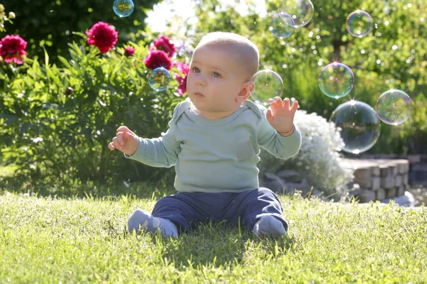 Cute Little Baby Boy Playing Soap Bubbles Garden Sunny Summer — Stock Photo, Image