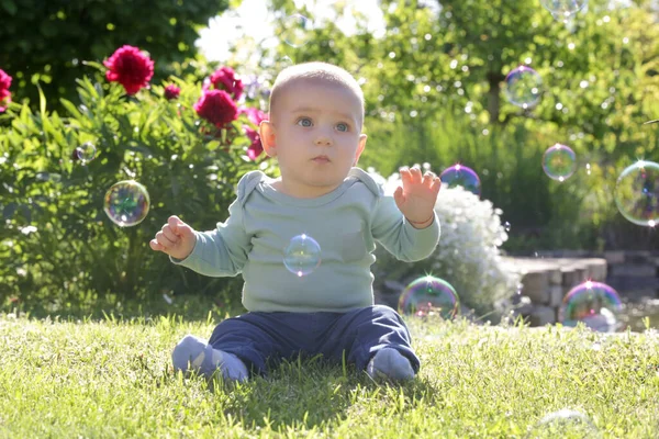 Cute Little Baby Boy Playing Soap Bubbles Garden Sunny Summer — Stock Photo, Image