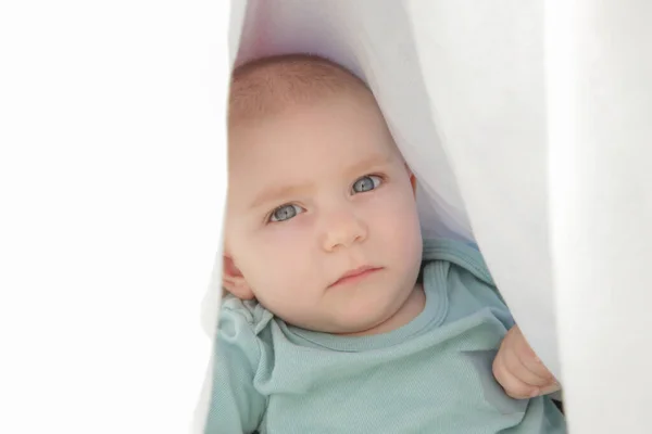 Portrait Cute Blue Eyed Baby Boy Laying White Cotton Sheet — Stock Photo, Image