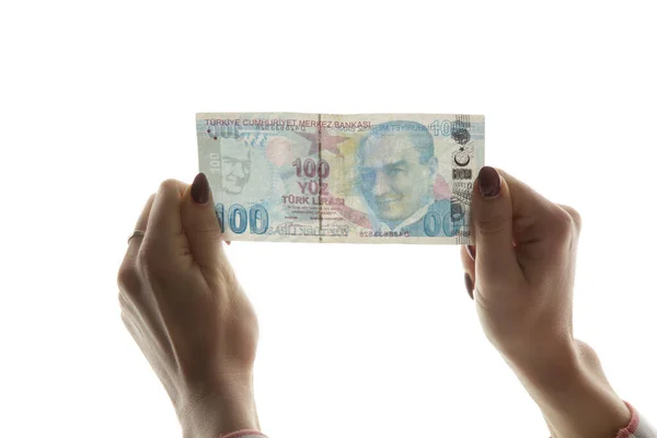 Frau Prüft Türkische Lira Banknote Gegen Licht Falschgeld Konzept — Stockfoto